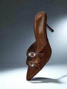 SHUZIA Women Elegant Pointy Toe Rhinestone Buckle Slip-On Heel Sandals - Coffee Brown - View 7