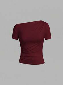 SHEIN Clasi 女款純色不對稱肩短袖抓皺修身時尚T恤 - 彩色 - 查看 10