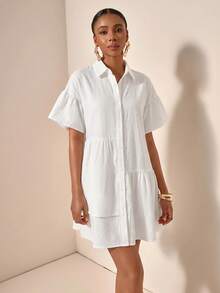 Zivah 100 Cotton Ruffle Hem Button Front Shirt Dress,Dresses For Women Summer Vacation White Casual - White - View 5