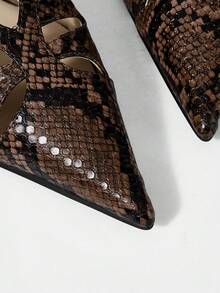 Mnmlis Women's Shoes Spring And Summer Pointed Toe Thin Heel Low Heel Light And Familiar Style Closed Toe Commuting Dating Kitten Heels - Dark brown snake pattern - View 3
