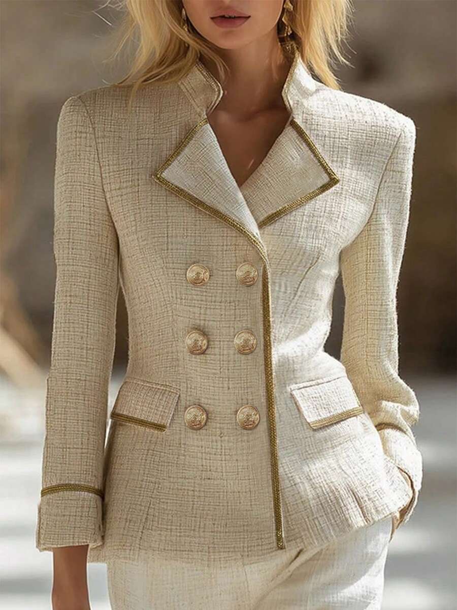 Balvessa Women's Metal Button Design Long Sleeve Casual Regular Fit Jacket - Apricot - View 1