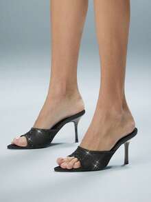 SHUZIA Women Elegant Pointy Toe Rhinestone Decor Mesh Slip-On Heel Sandals - Black - View 2