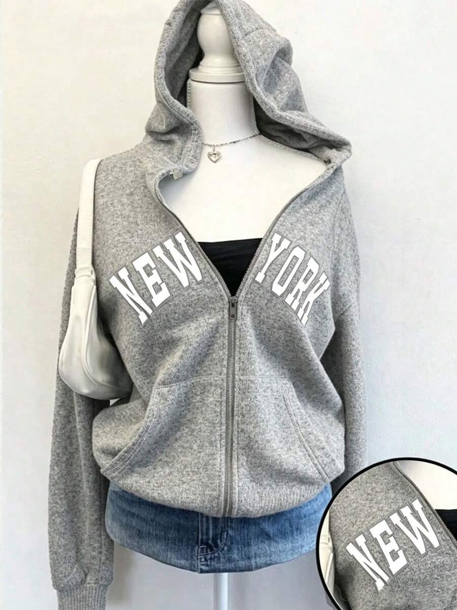 青少年女孩美式休閒 NEW YORK 字母印花連帽拉鍊外套,適合春、秋、冬,休閒外套,灰色底色搭配復古字母圖案,舒適易穿,適合城市漫步、活力穿搭、休閒外出,基本款日常休閒 - 彩色 - 查看 1