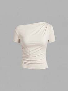 SHEIN Clasi 女款純色不對稱肩短袖抓皺修身時尚T恤 - 彩色 - 查看 7