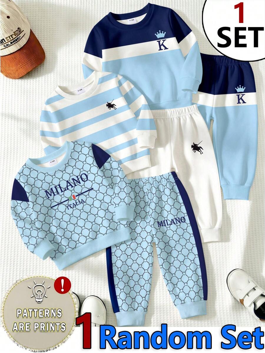 SHEIN 1 Random Set,,Blue Color Block Graphic Print Crew Neck Long Sleeve Sweatshirt With Logo Print Long Sweatpants - Multicolor - View 1