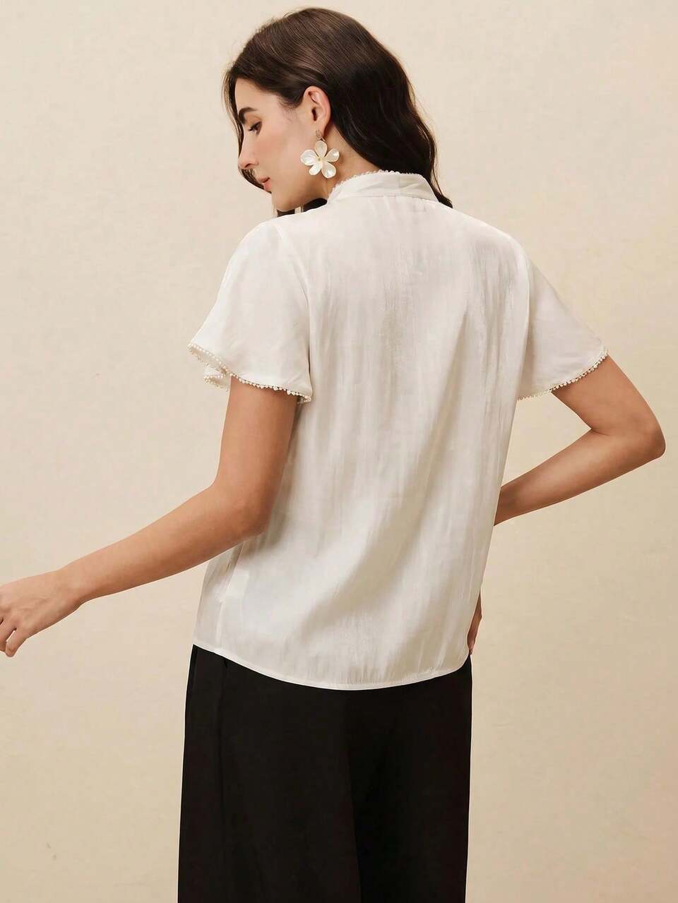 Anewsta Women's Elegant French Modern Versatile Off-White Tie-Up Ruffle Beaded Decor Blouse Teachers' Day Wedding Office Tea Party Summer