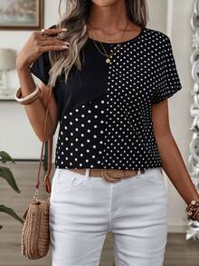 Rusticease Women's Polka Dot Print Round Neck Loose Casual Shirt, Short Sleeve,Short Sleeve Tops - Black and White - View 5