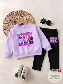 Conjunto de 2 piezas para niña con sudadera de cuello redondo color púrpura claro con estampado de ídolo de dibujos animados K-POP & leggings negros, atuendo casual para niña joven 4-7Y - Blanco - Ver 3