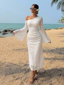 DAZY Women's Elegant Lace Asymmetric Ruched Long Dress, Spring/Summer Sundress - White - View 3