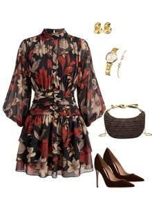 SHEIN Clasi فستان رومانسي بطبعة زهور وأكمام خفاشية وكشكشة، مناسب للمواعدة - متعدد الألوان - مشاهدة 4