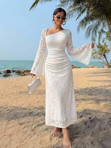 DAZY Women's Elegant Lace Asymmetric Ruched Long Dress, Spring/Summer Sundress - White - View 2