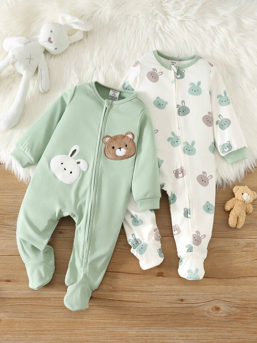 SHEIN 2pcs Newborn Baby Boy & Girl Autumn/Winter Casual Cute Cartoon Pattern Knitted Romper Set, Snug Fit Loungewear - Multicolor - View 1