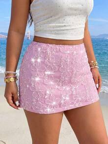 GalTyme Rok Bodycon Elegan Berpayet Bunga untuk Wanita Ukuran Plus - Baby Pink - View 4