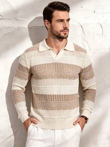 Manfinity Dauomo White Hollow Knit Long Sleeve Polo, Minimal 90s Korean Casual, Spring Autumn, Daily Dinner Formal Date Street Outfit, Men Lapel V Neck Knit Top - Multicolor - View 1