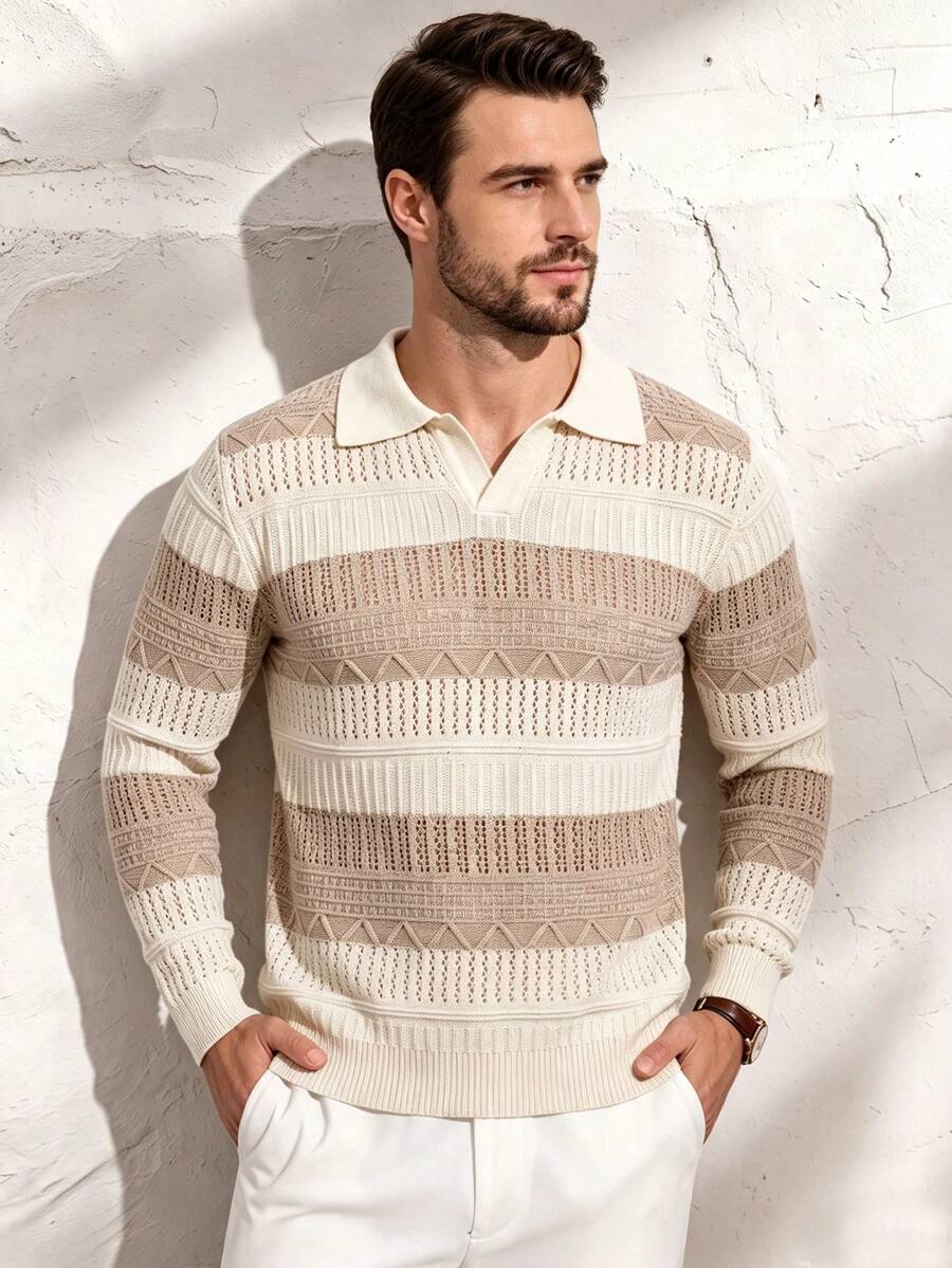 Manfinity Dauomo White Hollow Knit Long Sleeve Polo, Minimal 90s Korean Casual, Spring Autumn, Daily Dinner Formal Date Street Outfit, Men Lapel V Neck Knit Top - Multicolor - View 1