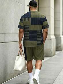 KRYTIVO Plus Size Graffiti Set For Men, Black & Orange Contrast Color King Print Short Sleeve & Shorts 2-Piece Set, Loose Fit Slimming American Street Casual Sportswear - Army Green - View 2