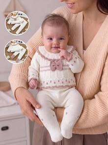 SHEIN Infant Girl Sweater Set, Pink And White With Contrast Ruffle Collar Bow, 2 Pieces Knitted Set, Long Sleeve Cable Knit Sweater Top, Autumn Pullover - Beige - View 9