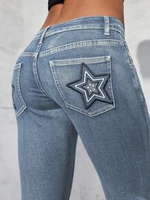 Jeanoix Star Embroidery Rhinestone Low Waist Elastic Fitted Washed Denim Flare Jeans - Medium Wash - View 6