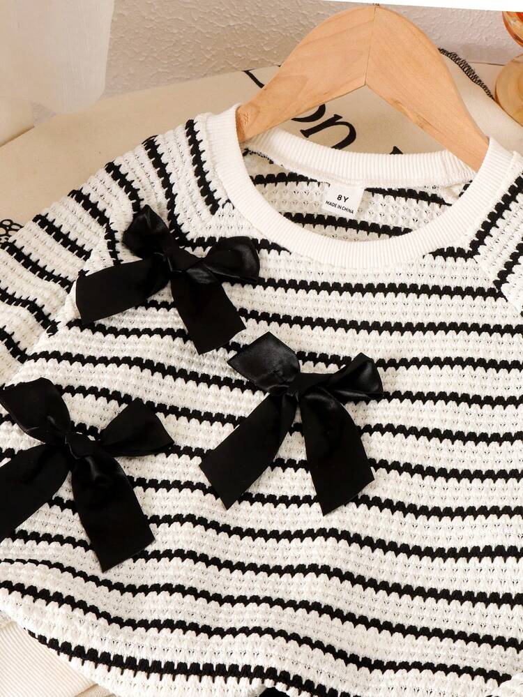 Genkimix Kids Tween Girls New Gray Round Neck Long Sleeve Top With Wide Leg Pants Bow Decor 2 Piece Set Back To School Fall Winter - Black and White - View 5