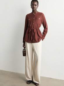 Aalyst Women's Button Half-Placket Long Sleeve Waist Tie Casual Shirt - Brown - View 8