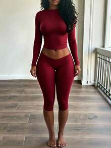 INAWLY Solva Setelan 2 Potong Wanita Lengan Panjang Warna Polos dan Legging Kasual untuk Sehari-hari - Burgundy - View 1