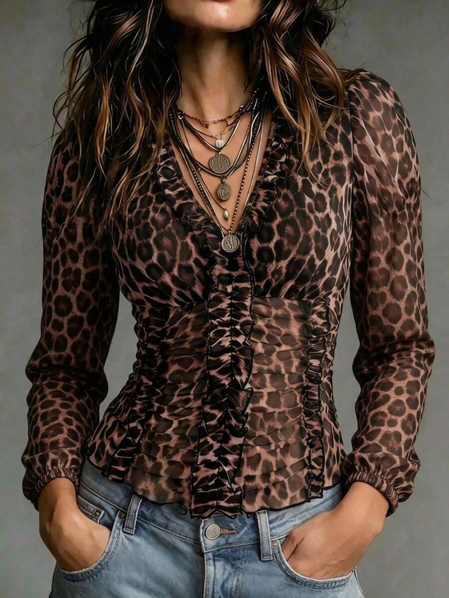 Everyssa Vintage Leopard Print V-Neck Ruffle Trim Cinched Waist Long Sleeve Pleated Petal Sleeve Slimming Blouse