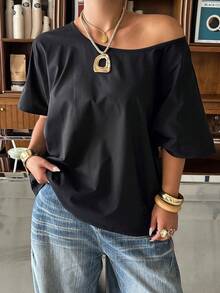 Muchica 女款大尺碼蕾絲拼接不對稱肩休閒日常T恤 - 黑色 - 查看 2
