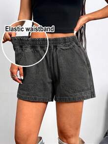 SHEIN Quần short denim dáng rộng, cạp chun, có túi, kiểu dáng thường ngày dành cho nữ tuổi teen. - màu đen - Xem 1