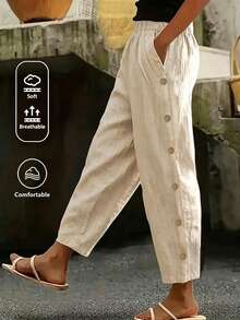 SHEIN Women's Solid Color Pocket Casual Versatile Daily Wear Long Pants - Apricot - View 5