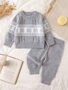 SHEIN Baby Boy Geometric Pattern Raglan Long Sleeve Sweater And Knit Pants Casual Set Autumn Fall - Multicolor - View 1