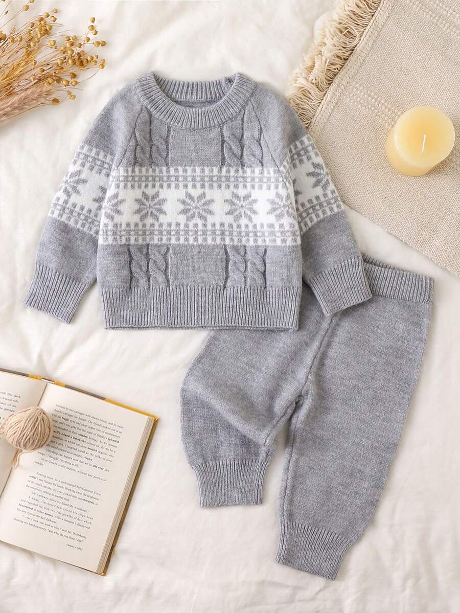 SHEIN Baby Boy Geometric Pattern Raglan Long Sleeve Sweater And Knit Pants Casual Set Autumn Fall - Multicolor - View 1