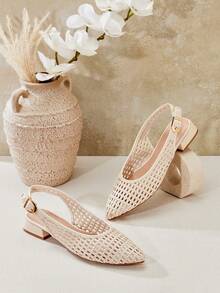 SHUZIA #ResortChic 女士粗跟尖头编织PU露跟穆勒鞋 – 清爽舒适，优雅夏日风情 - 白色 - 查看 5
