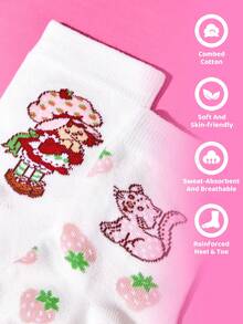 Strawberry Shortcake X SHEIN 2-Pack Cotton Soft, Breathable And Moisture-Absorbing Children's Medium Tube Socks, Cute Cartoon Pattern, Reinforced Toes And Heel, Durable, Unisex, S - White - View 2