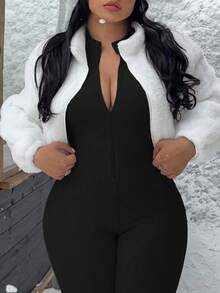 Muchica Jumpsuit Kasual Wanita Ukuran Besar Warna Polos Lengan Panjang dengan Resleting Depan untuk Musim Gugur - Hitam - View 5