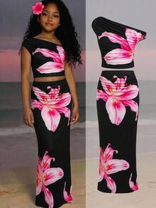 SHEIN Tween Girl Black Floral Print Asymmetric Ruched Fitted Two Pieces Skirt Set, Suitable For Summer, Vacation Outfit - Black - View 1