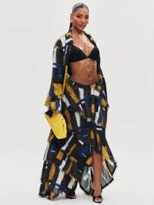 NYA SZN Cera Skirt Baggy High Waist Going Out Sexy Fitted Brunch Birthday Party Special Occasion School Abstract Block Pattern Yellow Blue Black - Yellow - View 4