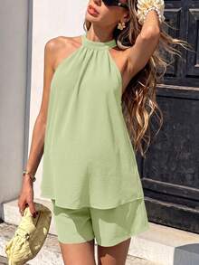 Momance 2pcs Maternity Set Halter Neck Sleeveless A-Line Loose Top With Adjustable Waist Straight Leg Shorts - Mint Green - View 1