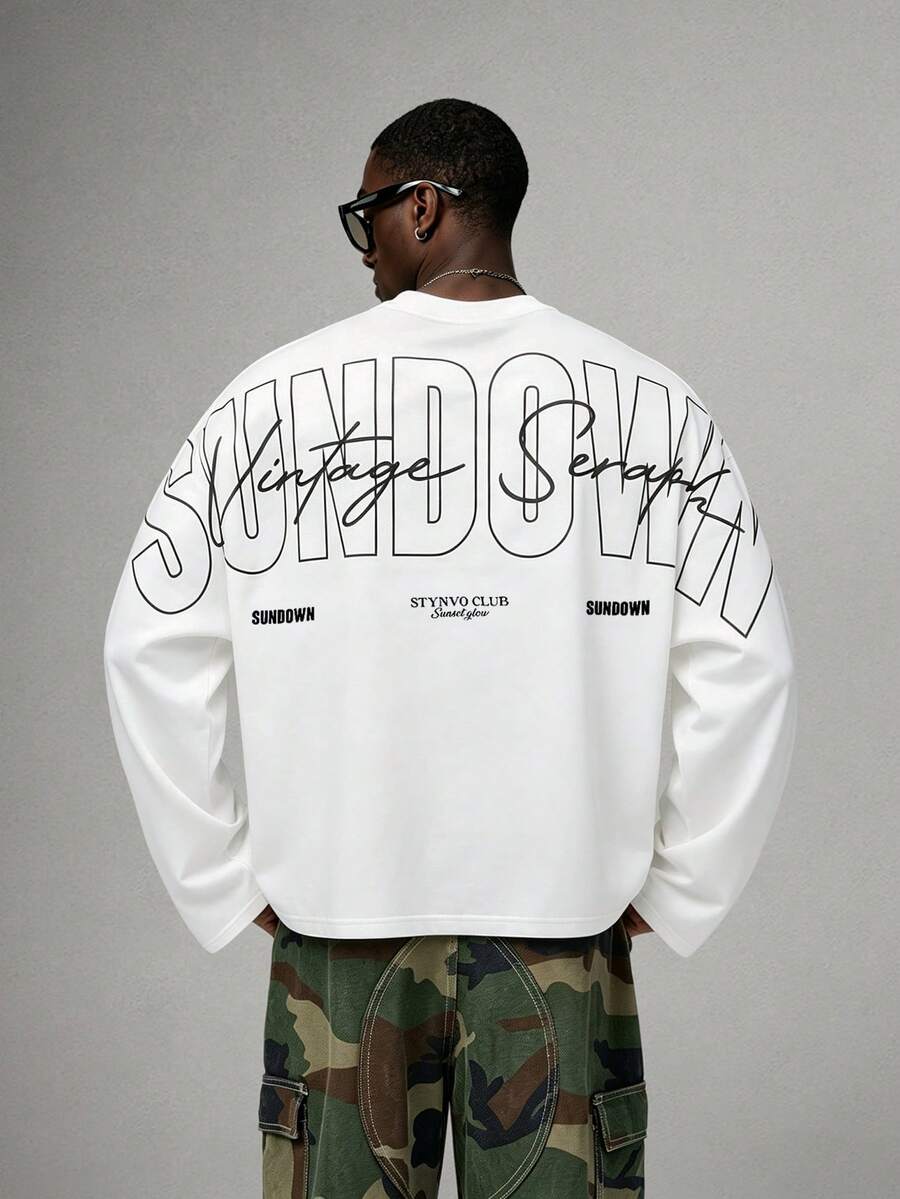 STYNVO Men's Letter Print Casual Daily Long Sleeve T-Shirt - White - View 1