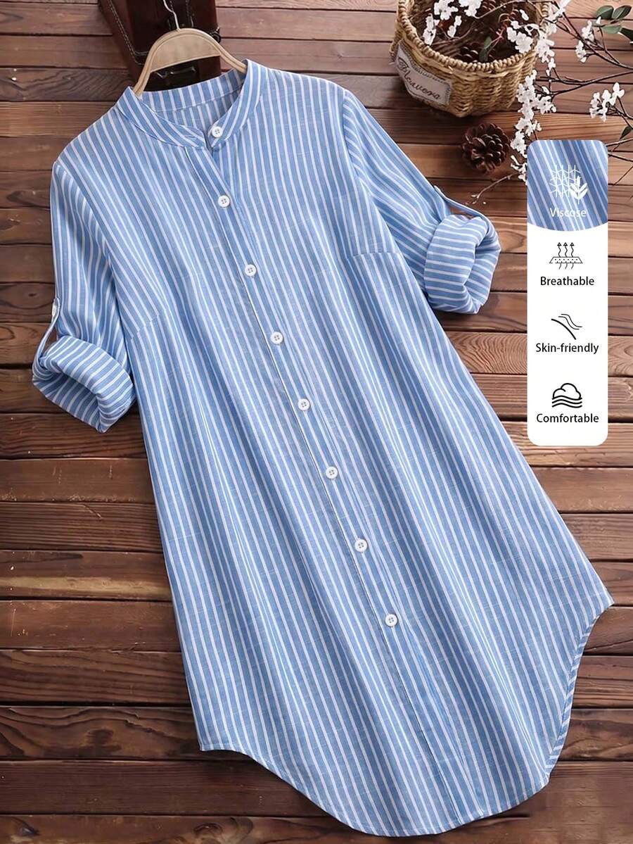 EMERY ROSE Plus Size Asymmetrical Hem Cotton Striped Fabric Casual Vacation Long Women's Shirt Fall - Blue and White - View 1