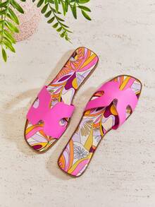 VACAZURE Super H Cut-Out Fuchsia Color Square Toe Flat Slip On Sandal Shoe Spring Shoes Spring Break Easter Vacation Shoes Casual Shoes Beach Shoes Mother's Day Present Summer Shoes - Pink - View 2