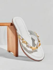 SHUZIA Women's Minimalist Comfortable, Durable, Stone Chain Thong Strap Slip-On Flat Sandals - White - View 1