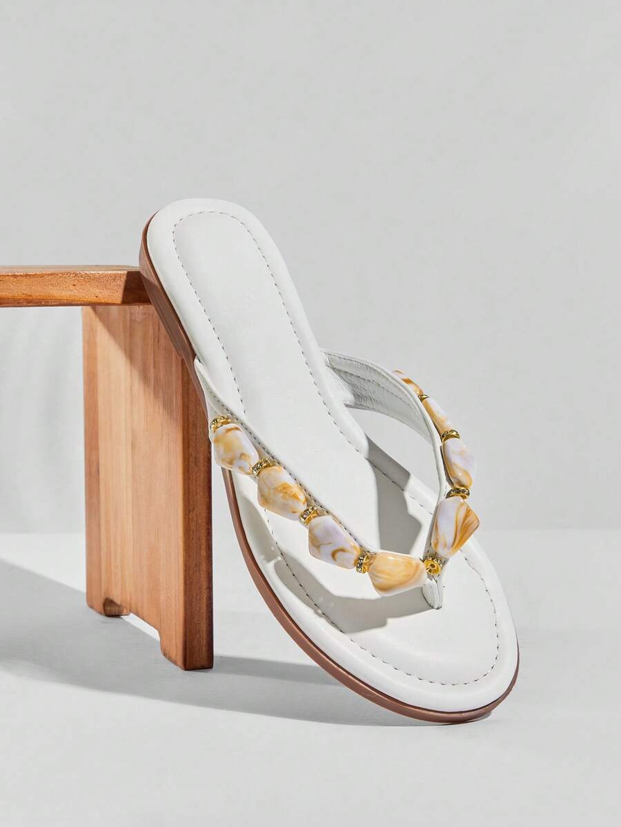 SHUZIA Women's Minimalist Comfortable, Durable, Stone Chain Thong Strap Slip-On Flat Sandals - White - View 1