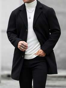 Manfinity CasualCool 男士純色翻領長袖單排扣休閒大衣 - 黑色 - 查看 3
