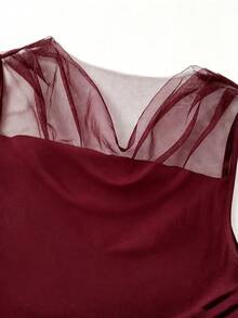 Everyssa Women's Solid Color Contrast Mesh Fitted Fashion Tank Top - Burgundy - View 4