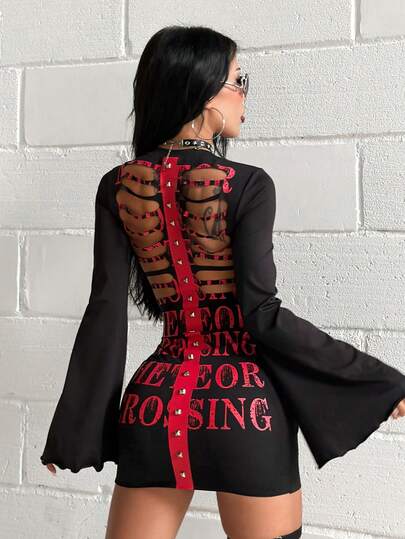 SHEIN HypeZone Women's Halloween Autumn Black And Red Sexy Goth Street V-Neck Burnout Hollow-Out Long Bell Sleeve Casual Mini Bodycon Dress Night Club Night Out
