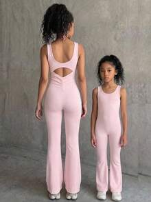 SHEIN Tween Girl Casual Minimalist Comfortable Solid Color Back Cutout Sleeveless Jumpsuit Tween Girl - Khaki - View 1