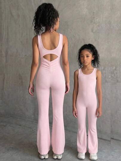 SHEIN Tween Girl Casual Minimalist Comfortable Solid Color Back Cutout Sleeveless Jumpsuit Tween Girl