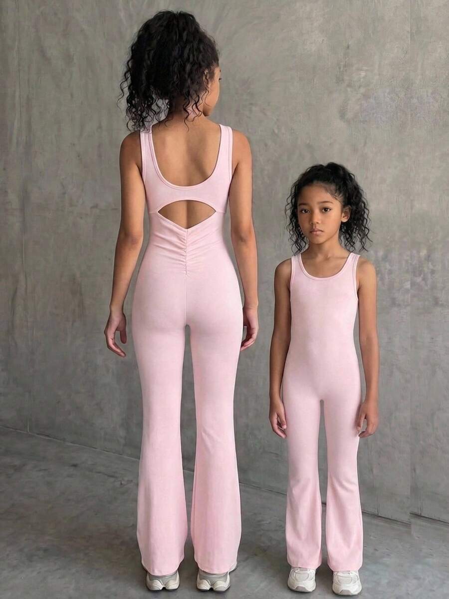 SHEIN Tween Girl Casual Minimalist Comfortable Solid Color Back Cutout Sleeveless Jumpsuit Tween Girl - Khaki - View 1
