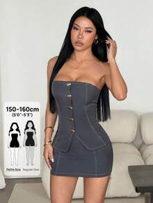 SHEIN PETITE 女款夏季兩件套套裝 | 辦公休閒貝殼設計與節慶穿搭 | 波希米亞風 - 灰色 - 查看 3