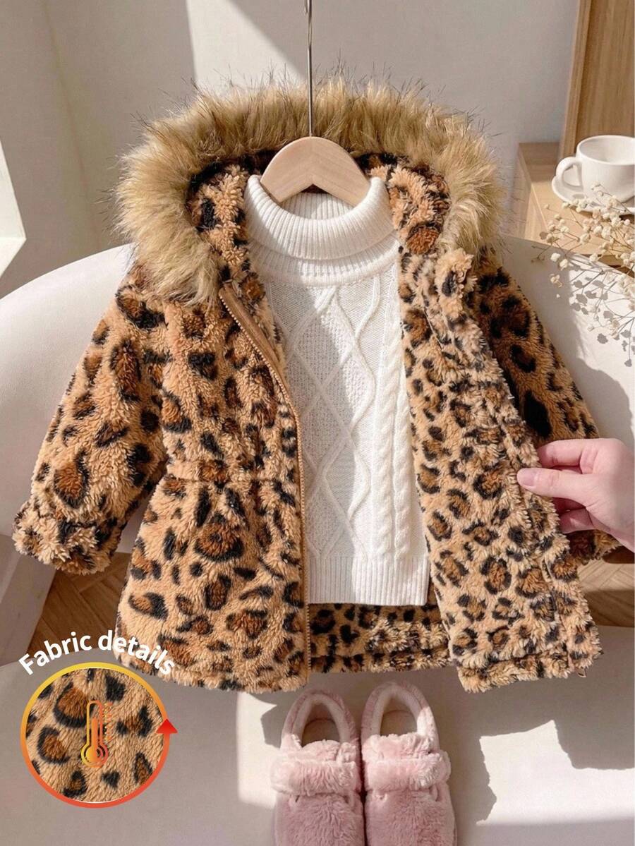 SHEIN 女嬰秋冬可愛豹紋連帽人造毛皮外套 - 彩色 - 查看 1